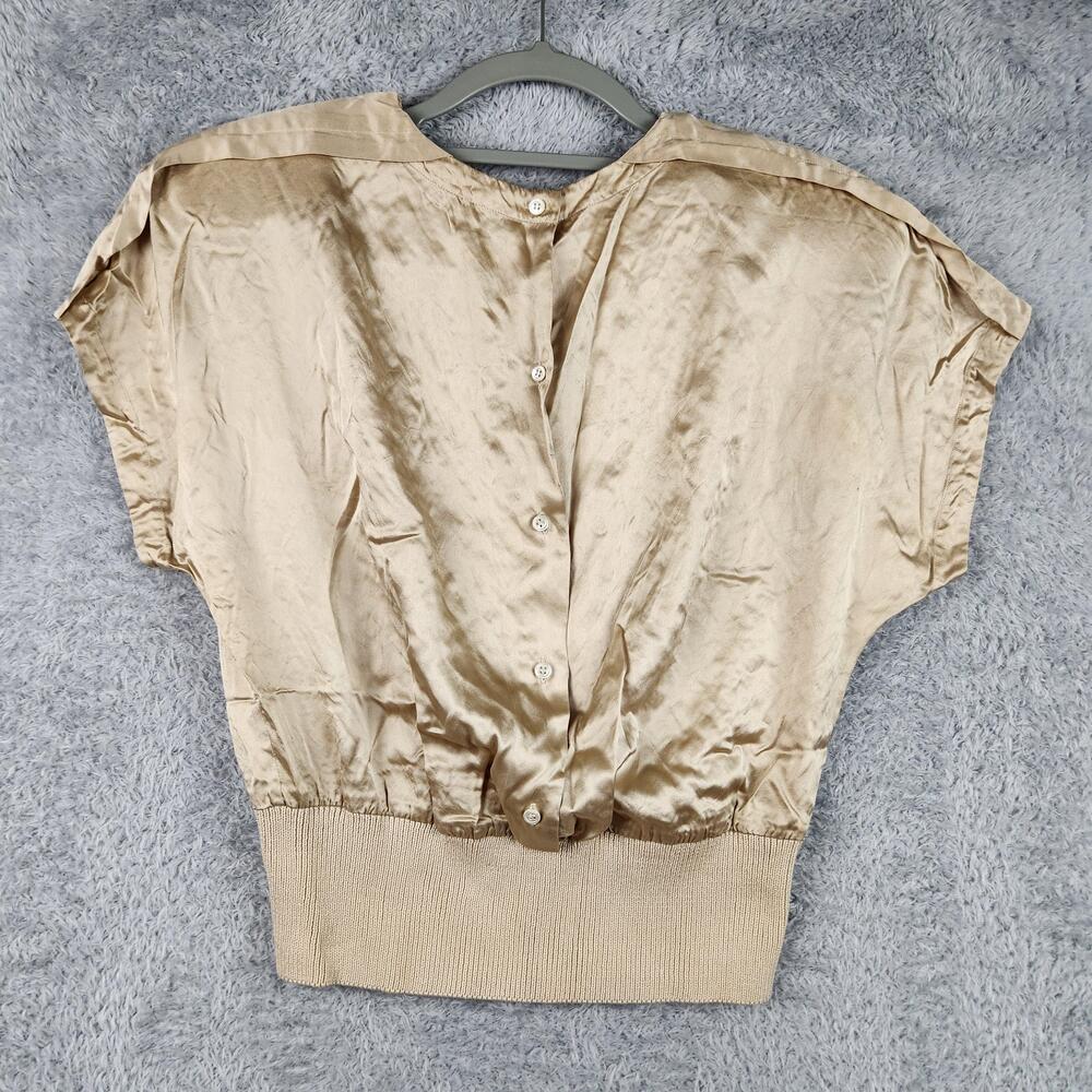 Vintage Ellen Tracy Blouse Womens 10 Beige Satin Rib Hem Top 80s Glamcore Disco